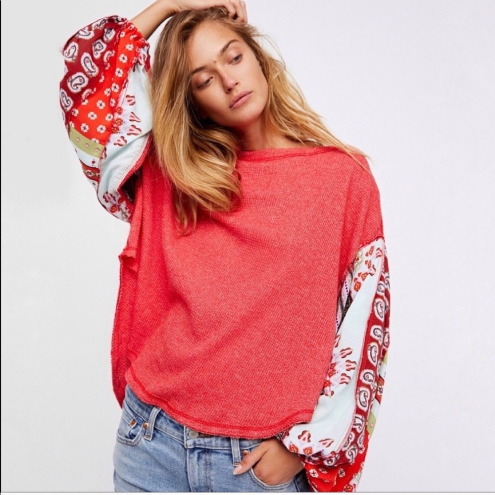 Free People Blossom Thermal Patchwork Sleeves Top